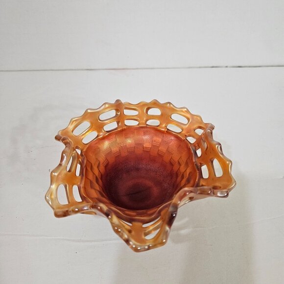 Fenton Carnival Glass Pink Marigold Reticulated Candy Bowl (Basket Weave) - Picture 2 of 6